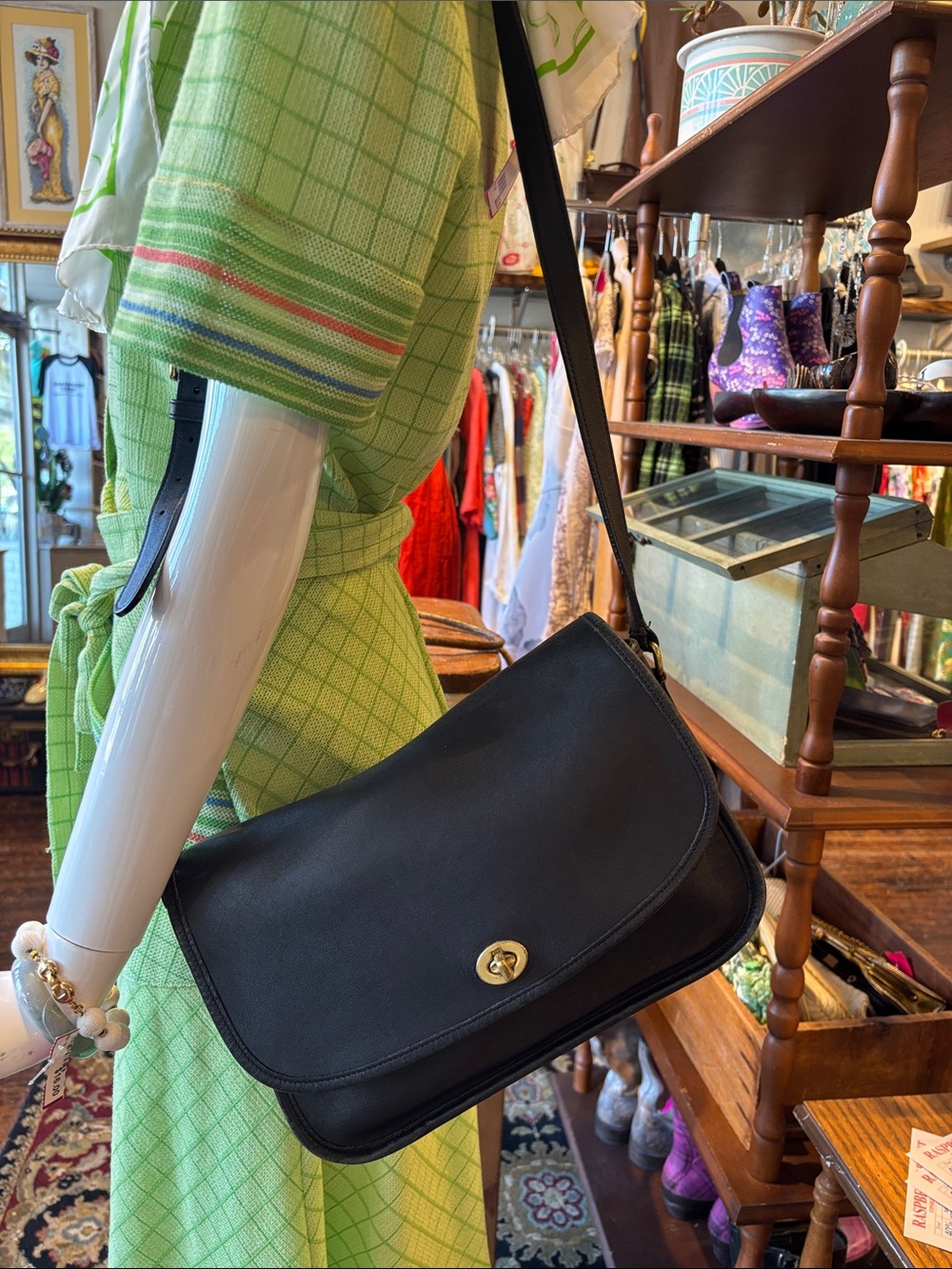 Coach Black Leather Shoulder Bag with Gold-Tone Turn Lock